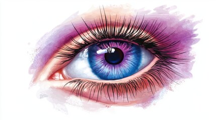 Close-Up of an Artistic Blue Eye with Vibrant Lashes and Watercolor Background in Shades of Pink and Purple