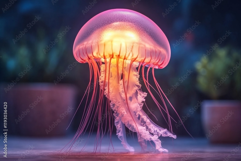 Poster a uv-reactive jellyfish glowing in isolation in a dark marine tank, with its tentacles trailing vibr