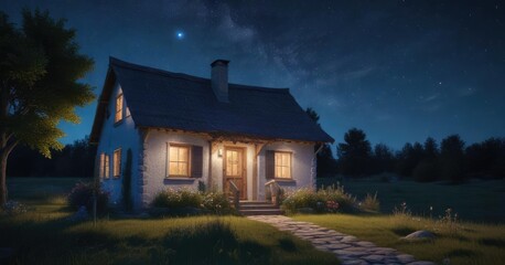 A cozy little cottage under a clear blue starry sky , exterior, cottage, architecture