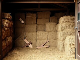 A cozy barn storage area filled with towering stacks of baled hay and straw in a dimly lit interior, straw bales, agricultural storage