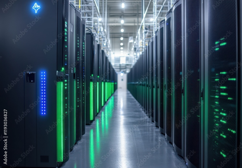 Poster modern data center infrastructure with advanced server racks featuring led indicators and a clean, s