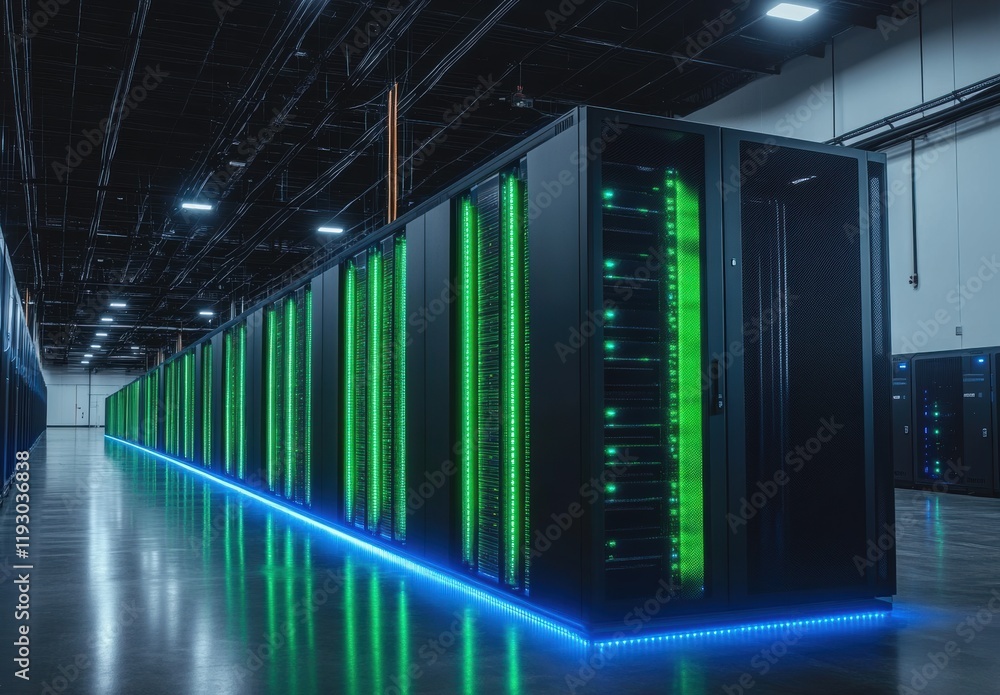 Poster modern data center interior with rows of server racks illuminated by colorful led lights in a high-t