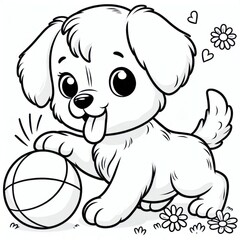 Obraz premium Picture for kids colouring book, black and white puppy picture, adorable puppy with big eyes playing ball, for colouring, colouring book, colouring page