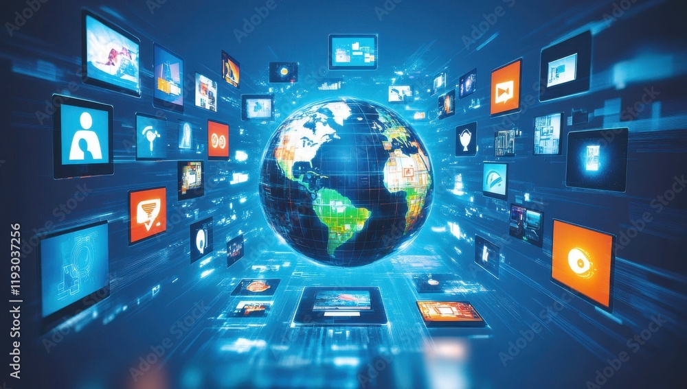 Poster modern digital network with global connectivity represented by earth surrounded by various multimedi