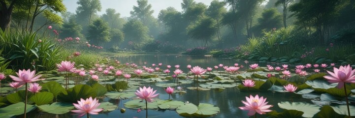 A picturesque pond with blooming pink lotus flowers and lush greenery, blooming flowers, botanical scene, serene atmosphere