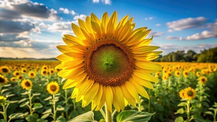 Fototapeta premium A large yellow sunflower with a dark center, standing alone in a field on a sunny day, sunflower, solo, flower, bright, yellow