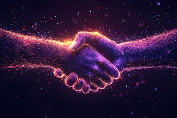 Abstract handshake icon glowing brightly, symbolizing partnerships and trust.