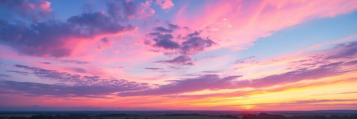 Panoramic photo, view of a pink and purple sky at sunset. Sky panorama background, header and web banner