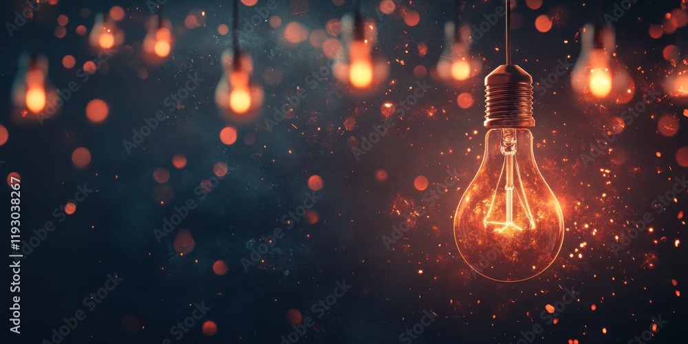 Poster modern illuminated light bulb hanging on a dark background with glowing bokeh effects and warm tones