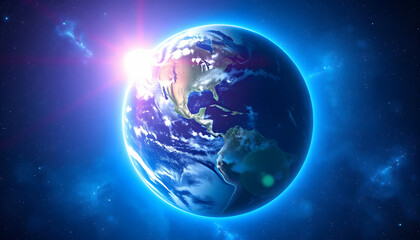 Blue space background with earth and galaxy. Abstract wallpaper with planetary glow. Science and education in outer space, 8k unreal engine photorealism, with white tones