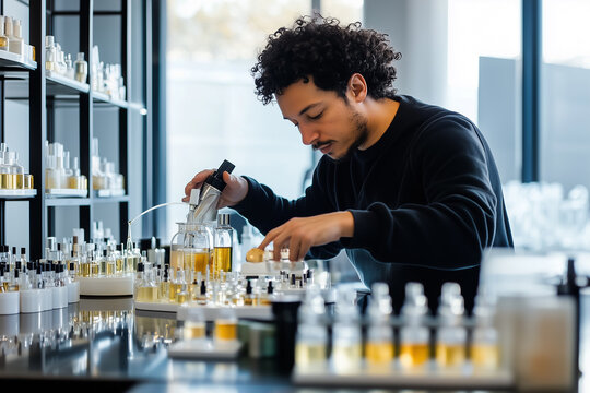 Perfumer testing fragrances in a sleek, modern laboratory. Generative AI