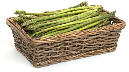 A beautifully arranged bunch of asparagus in a farmer's market basket.