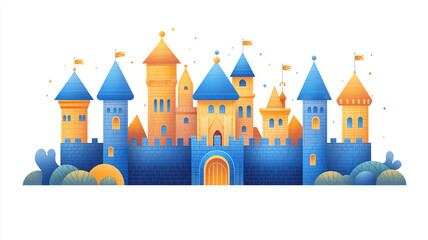 Fototapeta premium colorful flat illustration of toy castle featuring turrets and flags, surrounded by whimsical greenery. This vibrant design evokes sense of playfulness and imagination