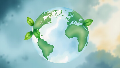 Naklejka premium Watercolor Earth illustration. Hand drawn watercolor planet with green leaves. Earth Day, pixel art, with white tones