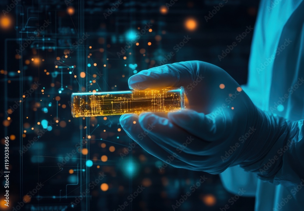 Aufkleber modern laboratory scene featuring a scientist holding a luminous test tube with abstract light effec
