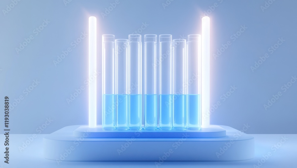 Poster modern laboratory setup with illuminated test tubes filled with blue liquid on a minimalist platform