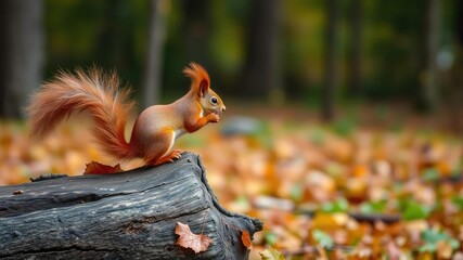 Obraz premium A lone red squirrel stands atop a forest log, its bushy tail flicking in the autumn breeze, as leaves fall around it, autumn leaves, bushy tail