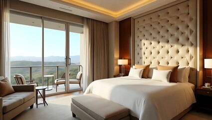 Fototapeta premium high-resolution, commercially-licensed stock photo of a luxurious master suite with a comfortable seating area, featuring a plush sofa and matching accent chairs in a neutral beige tone