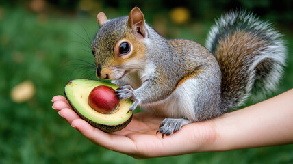 squirrel holds halved avocado in its paws, showcasing its playful nature. scene captures joy of wildlife interaction, set against lush green background