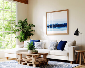 This serene living room features a cozy sectional sofa, vibrant greenery, and natural light, creating a perfect space for relaxation and comfort amidst modern aesthetics.