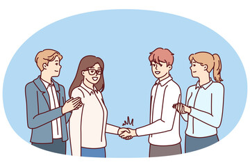 Team business people and manager handshake with best employee company to motivate staff to increase productivity. Successful business team clapping and shaking hands rejoicing at joint achievements