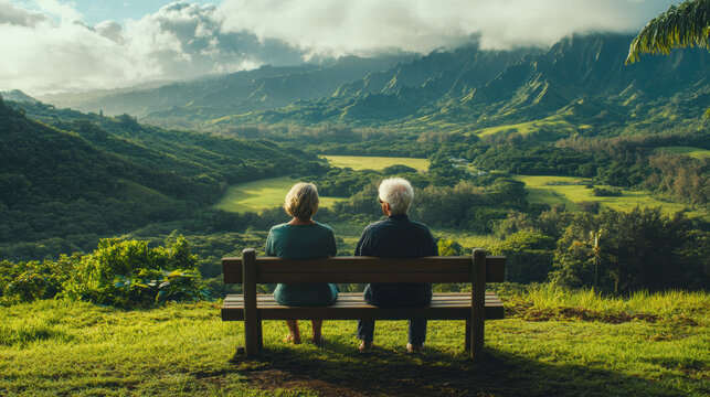 serene scene of senior couple sitting on bench, enjoying breathtaking view of lush green mountains and valleys. peaceful atmosphere evokes feelings of tranquility and connection