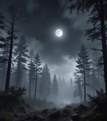 A dark forest with misty fog rolling through the trees under a full moon , fog, moon