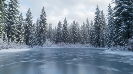 A frozen pond with a thin layer of ice surrounded by tall pine trees covered in snow