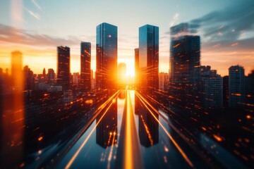 Obraz premium A cityscape under intense sunlight, with reflections bouncing off skyscraper windows and streets bustling with activity