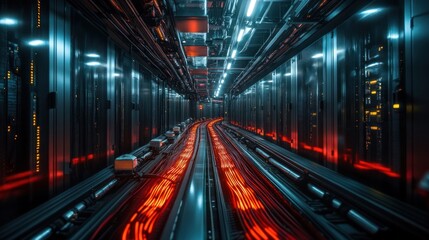 Illuminated Futuristic Industrial Tunnel with Metallic Architecture and Glowing Lights  Abstract Sci Fi Cityscape with Empty Corridor and Perspective of High Speed Transportation