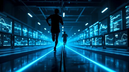 Man runs through a futuristic data center filled with glowing servers and digital displays in low light conditions