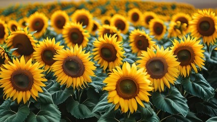 Vibrant sunflower field displaying bright yellow blooms against lush green leaves, showcasing nature's beauty