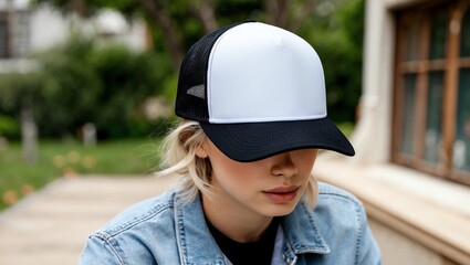Trucker cap black white color in outdoor, suitable for your mockup