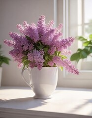 A delicate lilac arrangement in a white cup amidst the warmth of sunny rays , lilacs, serene, cup