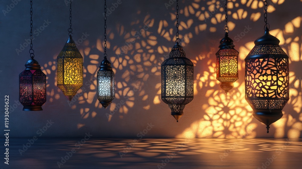 Poster elegant ornate lanterns casting intricate patterns on wall and floor during night time