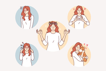 Woman uses meditation to get rid of depression and gain mental balance in life. Girl practices meditation from yoga or zen buddhism for harmonious development and relaxation after difficult work.