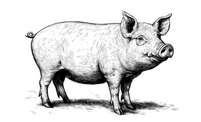 Pig, hog, boar. Vintage retro print, black white pig sketch ink pencil style drawing, linear drawing, engrave old school. Sketch artwork silhouette pig, hog, boar. Side view profile. Illustration