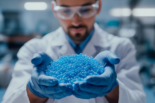 Chemist showcasing white pellets in a laboratory setting during daytime, emphasizing research and material analysis