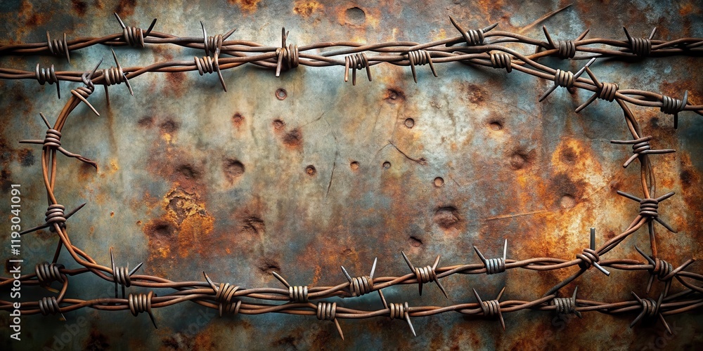 Aufkleber Rusty Barbed Wire Frame on a Weathered Metal Surface with Visible Damage