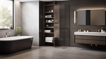 Modern bathroom with gray walls, wooden shelves, and a freestanding bathtub. Elegant and minimalistic design with black fixtures and natural materials. 