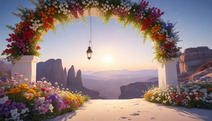 A delicate white arch adorned with a variety of colorful flowers and a small lantern hanging from its peak , natural, details