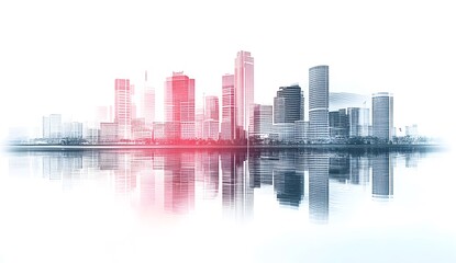 Fototapeta premium Abstract city skyline with vibrant colors and reflections, modern urban landscape at sunset