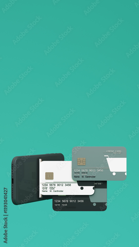 Poster the credit card is on the smartphone surrounded by coins around. mobile payment concept without atm 