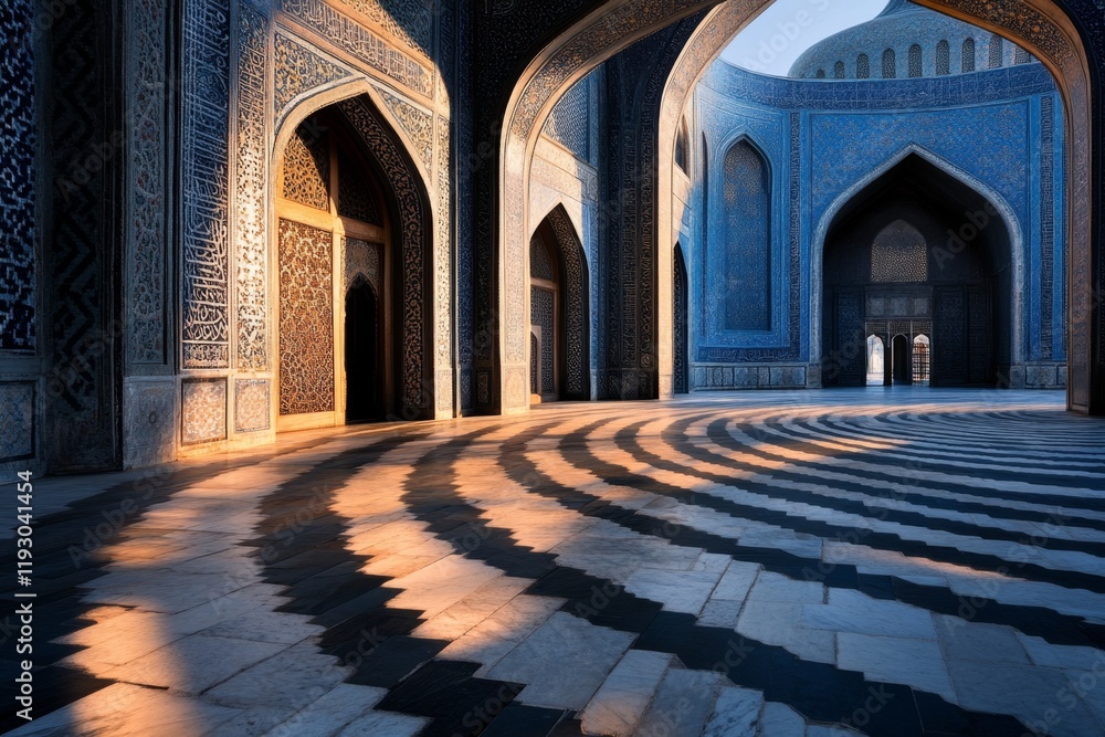 Poster A close-up of the intricate ceramic tiles on the Bibi-Khanym Mosque, with light casting delicate shadows across the patterns