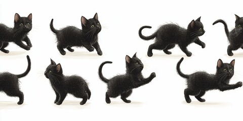 Fototapeta premium Six black kittens playing; white background; playful action; print, web
