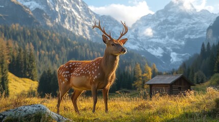 Obraz premium Majestic deer in alpine meadow, autumn landscape, mountains background.