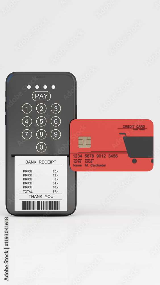 Poster the credit card is on the smartphone surrounded by coins around. mobile payment concept without atm 
