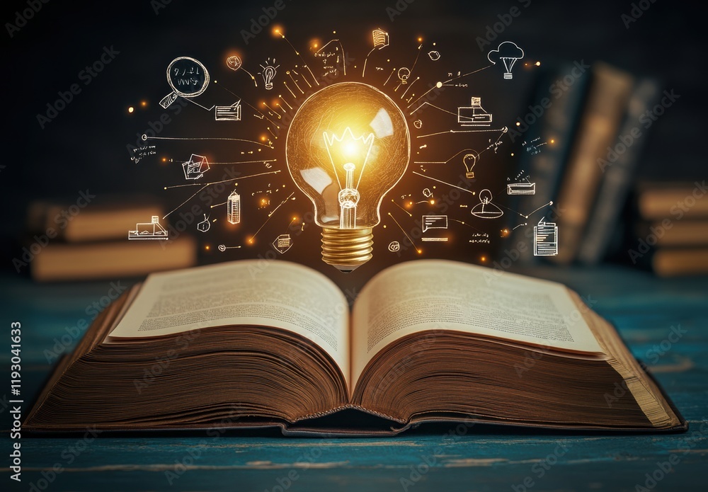 Poster open book with light bulb concept illustrating creative ideas and knowledge representation in a dark