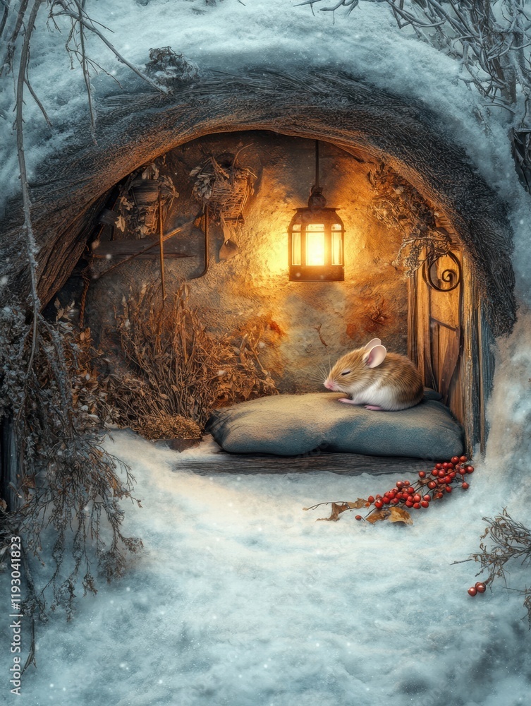 Aufkleber cozy mouse nest in a snowy landscape with warm lantern light illuminating the surroundings. generati