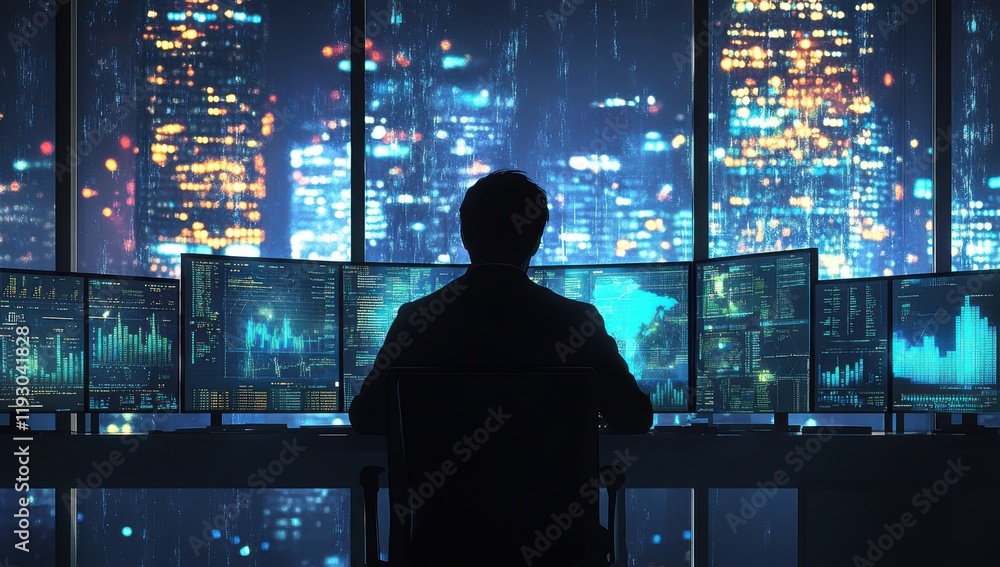 Poster person sitting at desk with multiple screens in front of window overlooking city lights at night, en